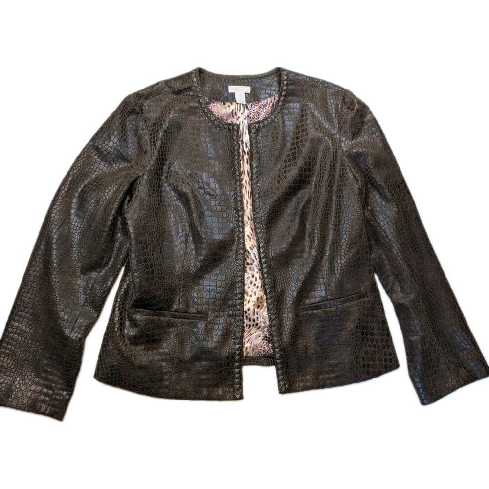 Chico's Women's Size 1 Medium 8 Faux Snakeskin Jacket Brown Studded Collarless